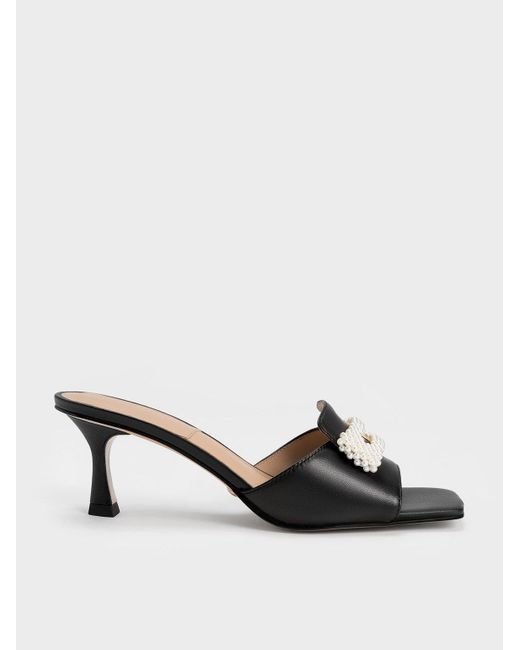Charles & Keith Black Beaded Leather Square-toe Mules