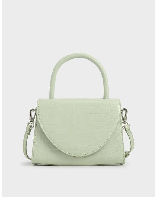 Charles & Keith Green Croc-effect Structured Top Handle Bag