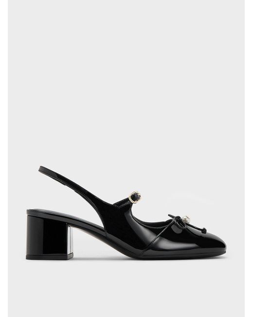 Charles & Keith Black Patent Bow Crystal-Pearl Slingback Mary Jane Pumps