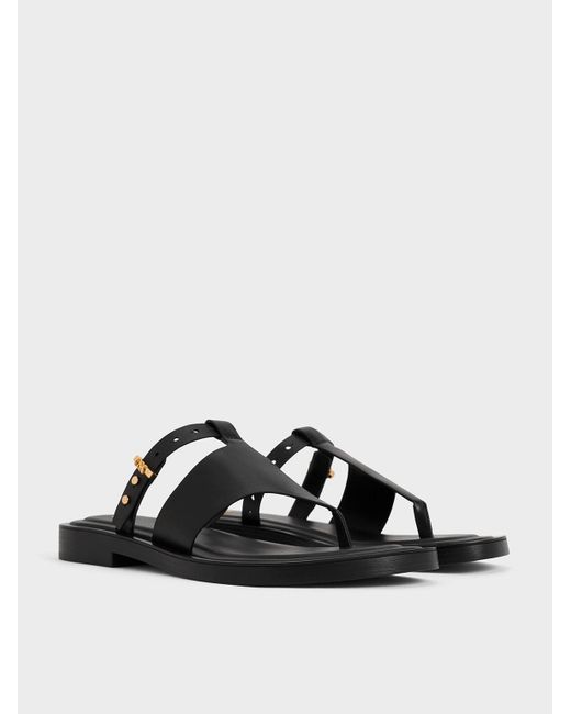 Charles & Keith Black Leather Asymmetric Thong Sandals