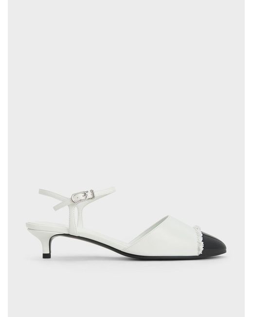 Charles & Keith Natural Pearl-Embellished Cap-Toe Kitten Heels