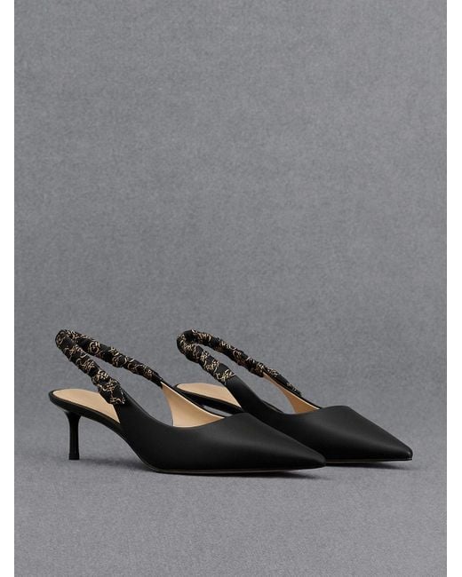 Charles & Keith Black Leather Ruched-strap Slingback Pumps