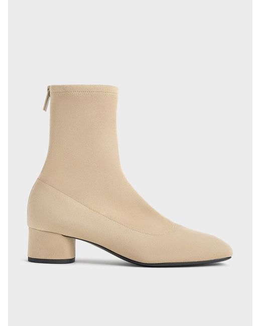 Charles & Keith Natural Stitch-Trim Heeled Ankle Boots