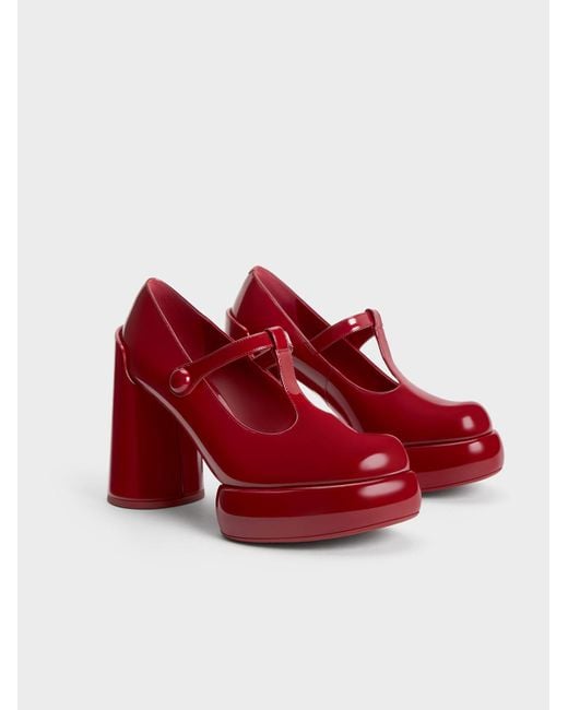 Charles & Keith Red Darcy Patent T-bar Platform Mary Janes