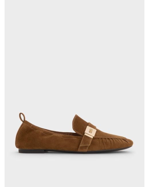 Charles & Keith Brown Cody Suede Metallic-Buckle Ruched Loafers