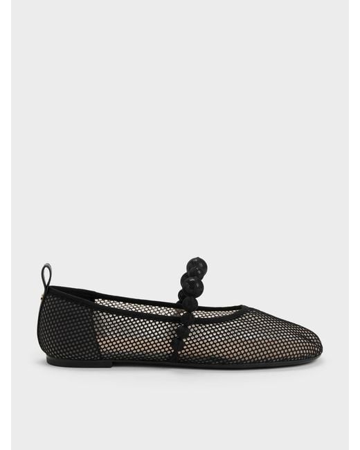 Charles & Keith Black Leather Mesh Beaded Mary Jane Flats
