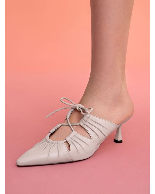 Charles & Keith Landis Leather Ruched Bow-tie Mules in Pink | Lyst
