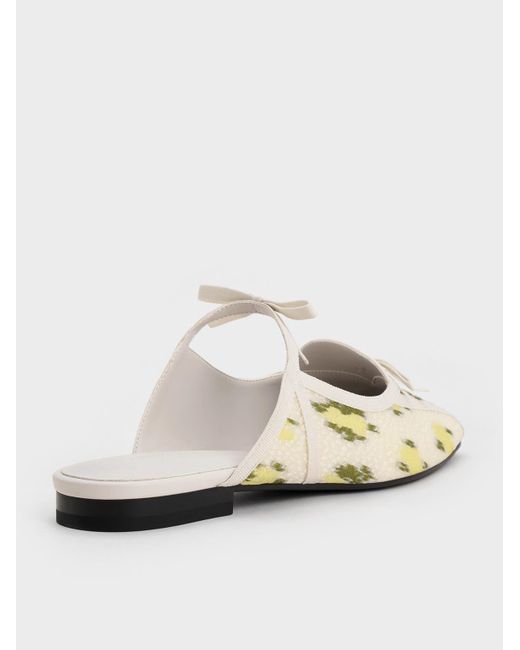 Charles & Keith White Floral-print Lace-up Bow Ballet Mules