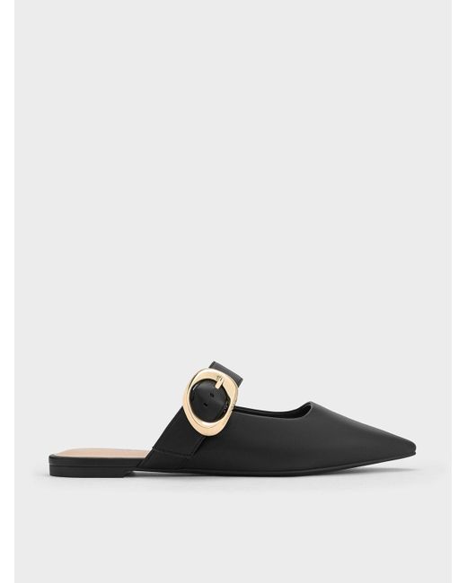 Charles & Keith White Buckle-strap Flat Mules