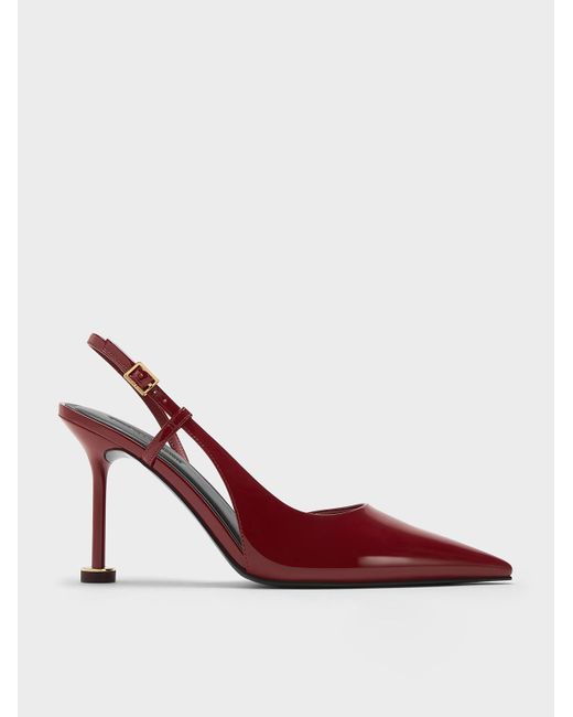 Charles & Keith Red Patent Pointed-Toe Sculptural-Heel Slingback Pumps