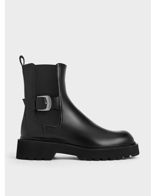 Charles & Keith Black Side-buckle Ridged-sole Chelsea Boots