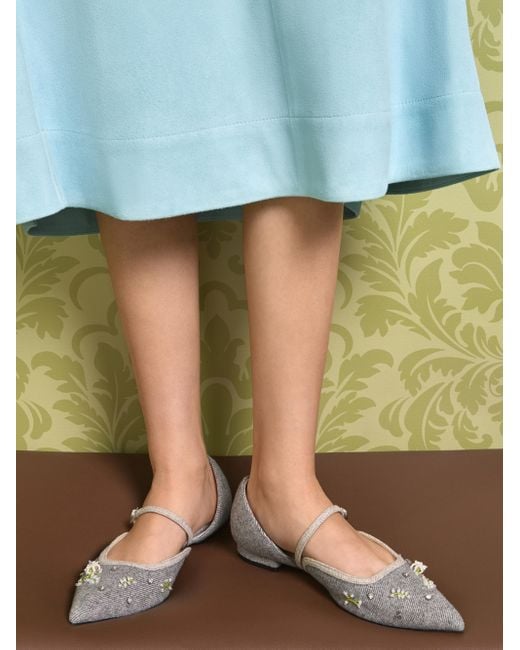 Charles & Keith White Twill Bead-Flower Pointed-Toe D'Orsay Mary Jane Flats