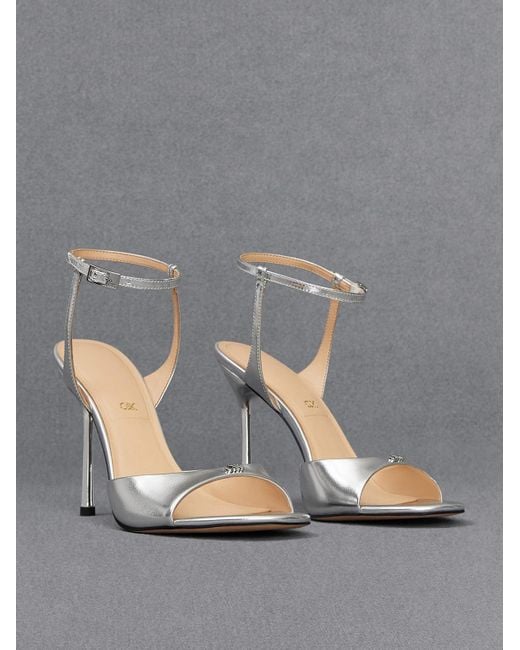 Charles & Keith Gray Metallic Leather Ankle-strap Pumps