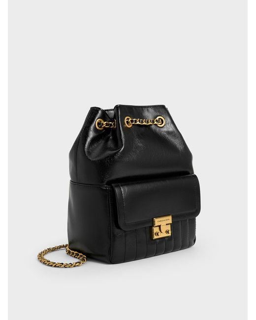 Charles & Keith Black Donna Crinkle-Effect Backpack