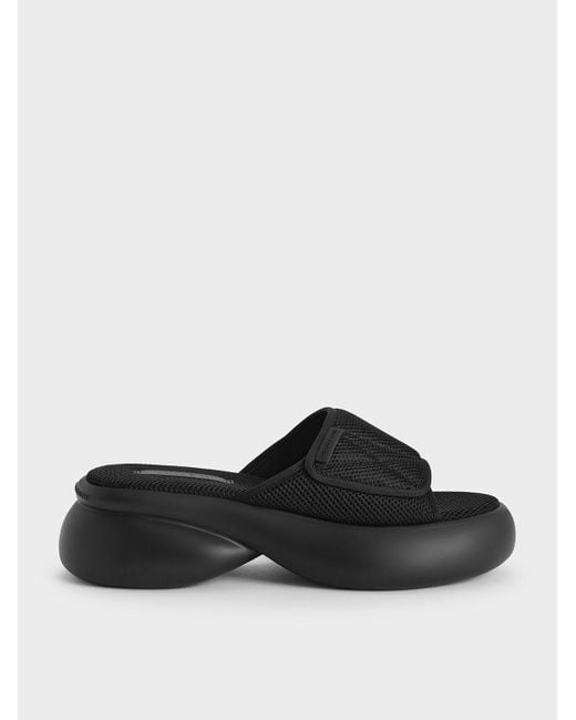 Charles & Keith Black Mesh Platform Sporty Slide Sandals