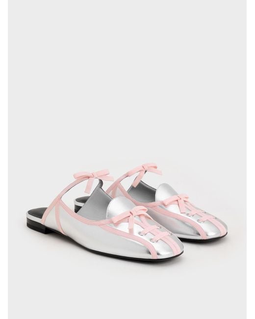 Charles & Keith White Metallic Lace-Up Bow Ballet Mules