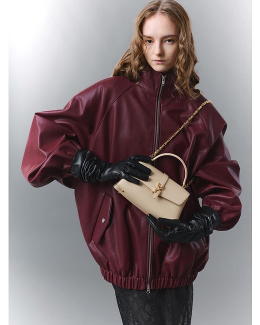 Charles & Keith Natural Adalyn Metallic-Buckle Chain-Strap Top Handle Bag