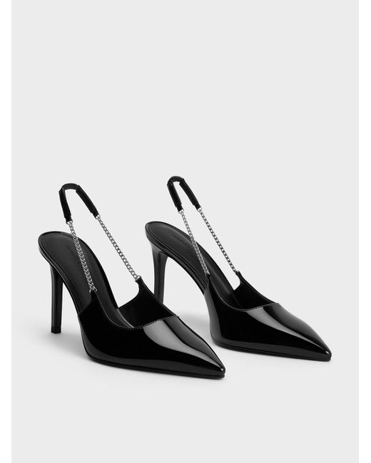 Charles & Keith Black Patent Chain-link Pointed-toe Slingback Pumps