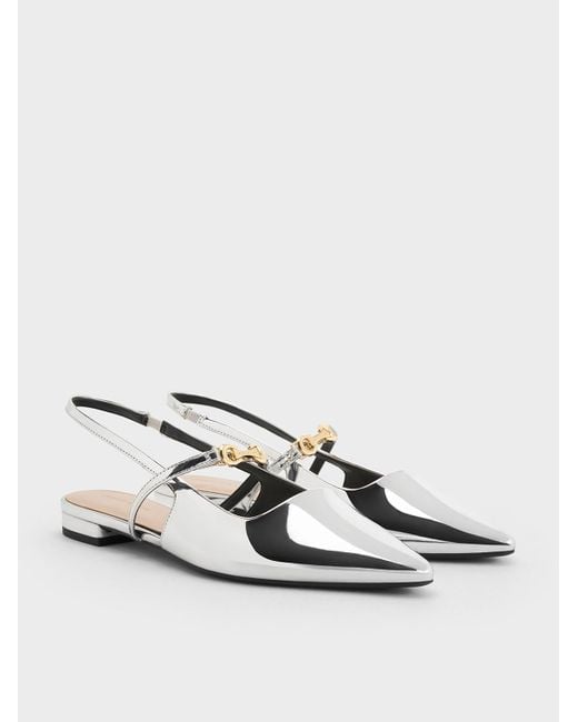Charles & Keith White Metallic-accent Pointed-toe Slingback Flats