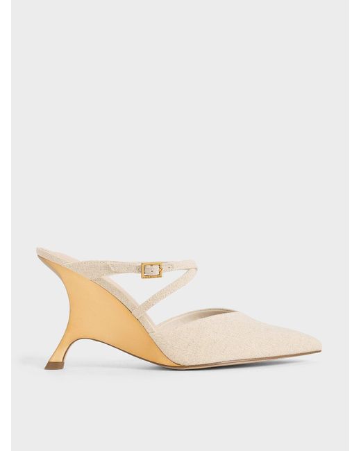 Charles & Keith Natural Linen Crossover-strap Sculptural-heel Wedges