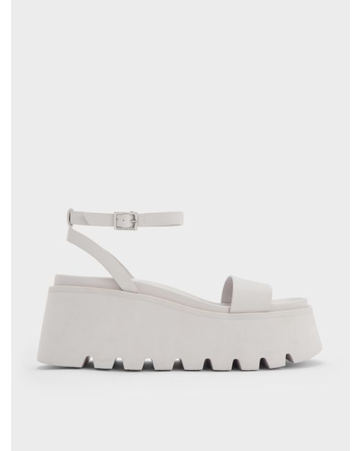Charles & Keith White Ridged-Sole Ankle-Strap Flatform Sandals