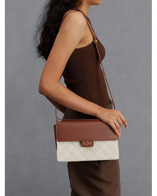 Charles & Keith Gray Leather & Canvas Two-tone Shoulder Bag