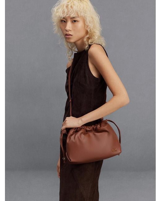 Charles & Keith Gray Leather Ruched Drawstring Bag