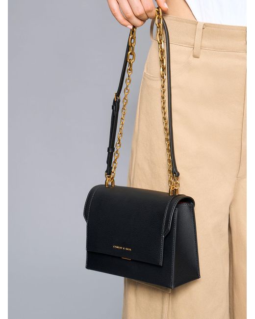 Charles & Keith Front Flap Chain Handle Crossbody Bag in Black | Lyst