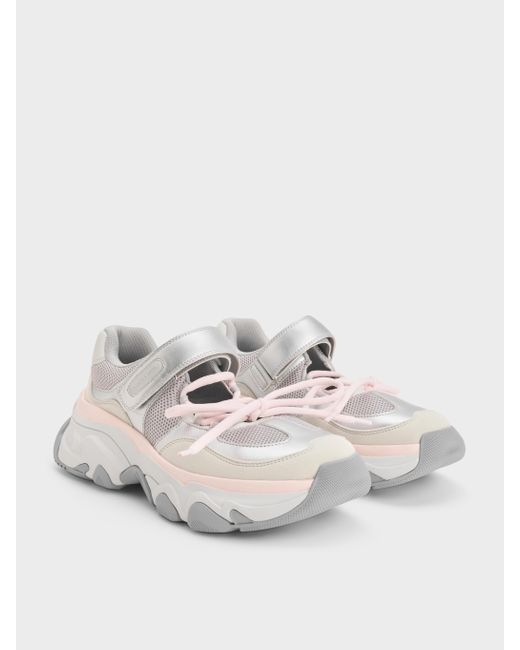 Charles & Keith White Gaskell Metallic Mesh Mary Jane Sneakers