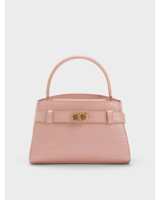 Charles & Keith Pink Aubrielle Croc-Effect Belted Top Handle Bag