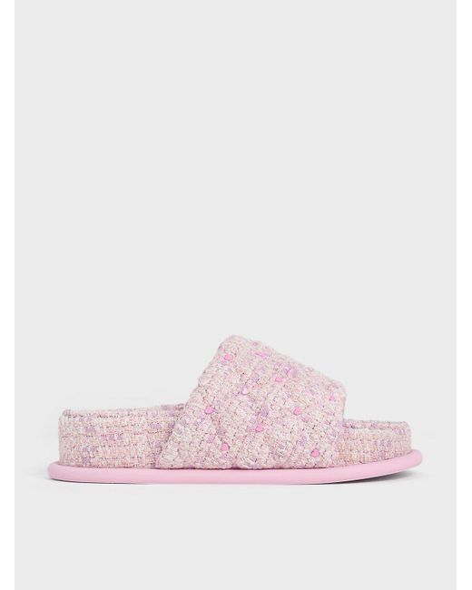 Charles & Keith Pink Dahlia Tweed Quilted Heart-print Sandals