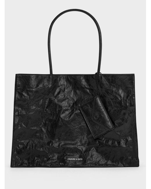 Charles & Keith Black Large Matina Crinkle-effect Tote Bag