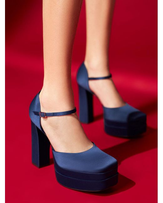 Charles & Keith Blue Satin Platform D'orsay Pumps