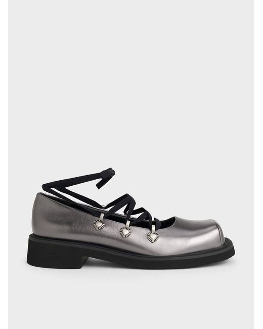 Charles & Keith Multicolor Metallic Heart-Embellished Lace-Up Ballet Flats