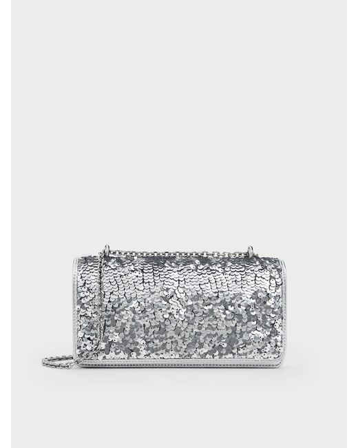 Charles & Keith Gray Paffuto Sequinned Wallet On Chain