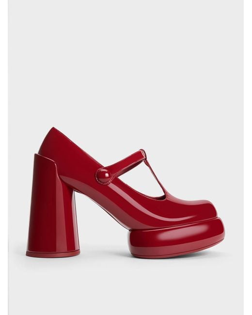 Charles & Keith Red Darcy Patent T-bar Platform Mary Janes
