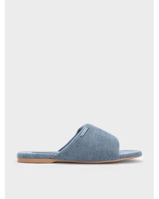Charles & Keith Blue Denim Puffy Wide-strap Slide Sandals