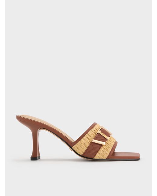 サンダル・ミュール CHARLES&KEITH Whitney Leather & Raffia Buckled Heeled Mules Charles & Keith Whitney Leather & Raffia Buckled Heeled