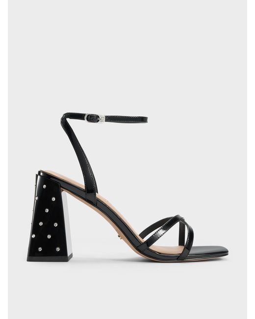 Charles & Keith White Emmaline Patent Leather Crystal Crossover Sandals