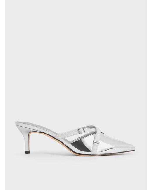 Charles & Keith White Metallic Grosgrain-strap Pointed-toe Mules