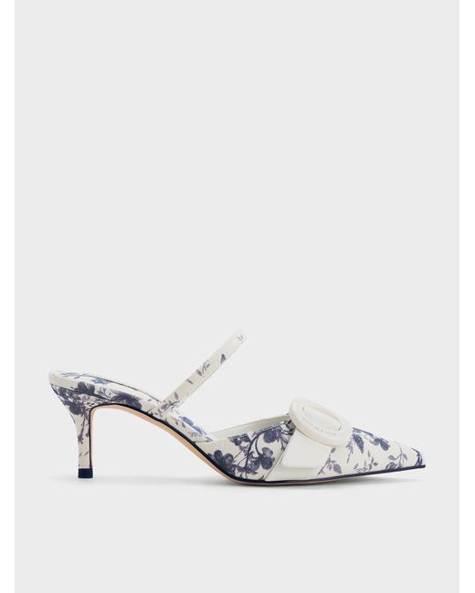Charles & Keith White Oval-buckle Floral-print Pointed-toe Mules