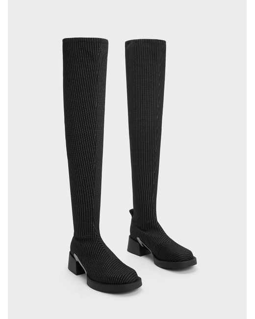 Charles & Keith Black Devon Striped Metallic-accent Thigh-high Boots
