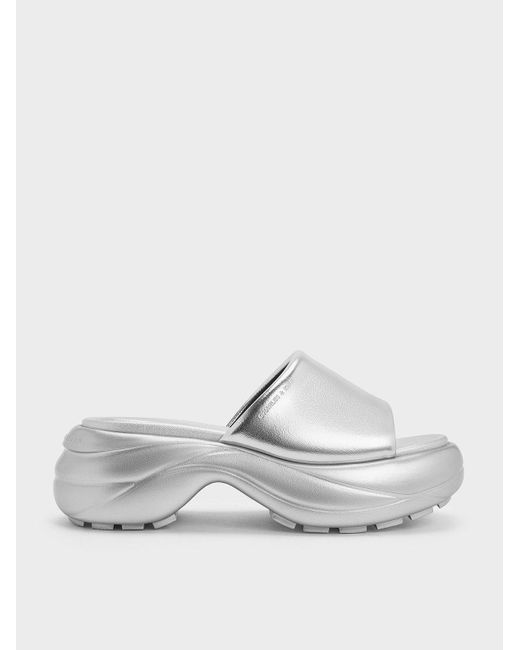 Charles & Keith White Metallic Wide-strap Curved Platform Sports Sandals