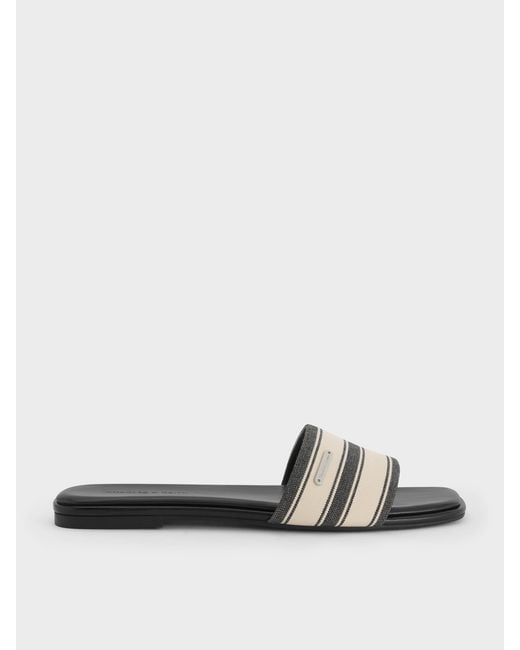 Charles & Keith White Striped Square-Toe Slide Sandals