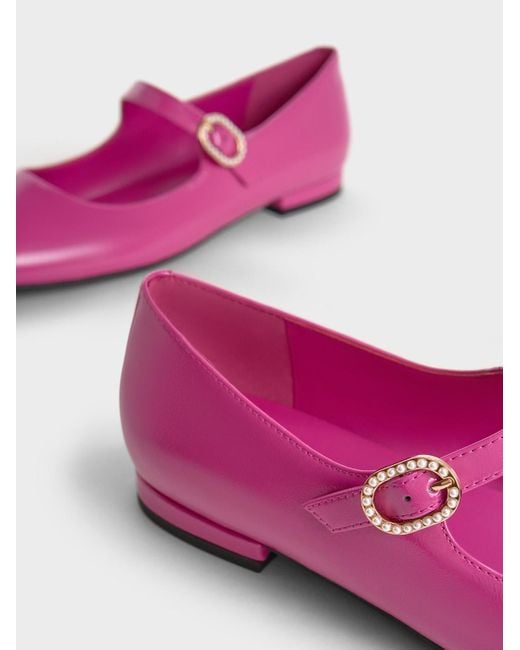 Charles & Keith Pink Patent Crinkle-effect Pearl-buckle Mary Janes
