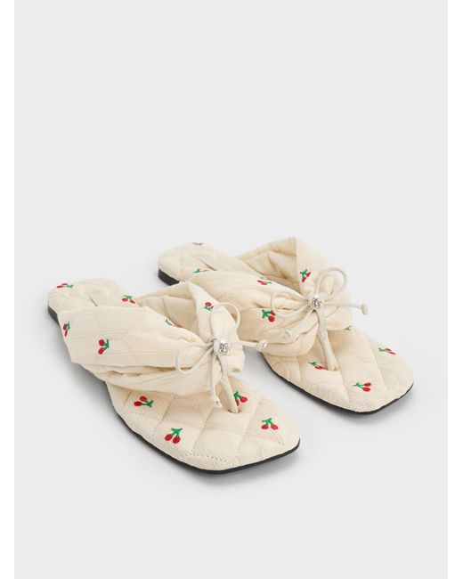 Charles & Keith Natural Cherry-Print Pearl-Accent Square-Toe Sandals