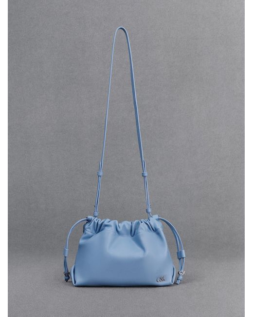 Charles & Keith Blue Leather Ruched Drawstring Bag