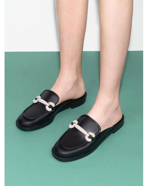 Charles & Keith Black Beaded Accent Loafer Mules