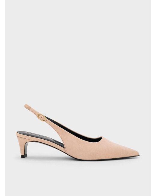 Charles & Keith Natural Faux Suede Pointed-Toe Kitten-Heel Slingback Pumps