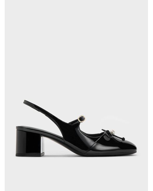 Charles & Keith Black Patent Crystal-Pearl Mary Jane Slingback Pumps